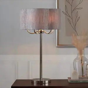 Lily 30" Contemporary Metal Table Lamp in Polished Nickel with Grey Linen Hardback Shade Lily 30" Contemporary Metal Table Lamp in Polished Nickel with Grey Linen Hardback Shade