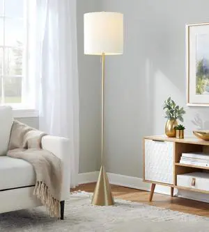 64" Contemporary Metal Floor Lamp in Gold Metal with White Linen Shade 64" Contemporary Metal Floor Lamp in Gold Metal with White Linen Shade