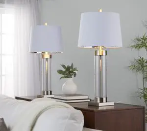 30" Contemporary Glass Table Lamp in Clear Glass and Brushed Nickel with White Linen Shade From Grandview Gallery - Set Of 2 30" Contemporary Glass Table Lamp in Clear Glass and Brushed Nickel with White Linen Shade From Grandview Gallery - Set Of 2