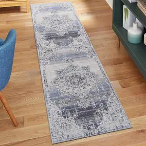 Collection 96*26 inch Cream / Blue / Medallion Runner Rug Collection 96*26 inch Cream / Blue / Medallion Runner Rug