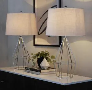 27" Contemporary Metal Table Lamp in Polished Nickel with White Linen Shade From Grandview Gallery - Set Of 2 27" Contemporary Metal Table Lamp in Polished Nickel with White Linen Shade From Grandview Gallery - Set Of 2