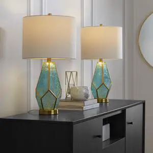 Table Lamp in Gold Metal with Turquoise Glass and White Linen Shade - Set Of 2 Table Lamp in Gold Metal with Turquoise Glass and White Linen Shade - Set Of 2