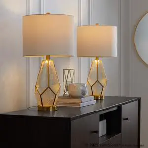 Glass 25" Table Lamp in Gold Metal and White Glass with White Linen Shade - Set Of 2 Glass 25" Table Lamp in Gold Metal and White Glass with White Linen Shade - Set Of 2