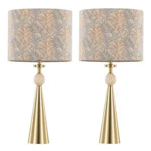 Table Lamp in Gold Metal Base with Travertine Stone and Tan Leaf Fabric Shade - Set Of 2 Table Lamp in Gold Metal Base with Travertine Stone and Tan Leaf Fabric Shade - Set Of 2