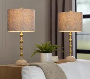 Table Lamp in A Travertine Base with Gold Metal and Decorative Tan Fabric Shade - Set Of 2 Table Lamp in A Travertine Base with Gold Metal and Decorative Tan Fabric Shade - Set Of 2