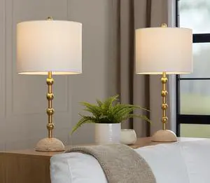 Table Lamp in Travertine Base with Gold Metal and Off-White Shimmer Fabric Shade - Set Of 2 Table Lamp in Travertine Base with Gold Metal and Off-White Shimmer Fabric Shade - Set Of 2