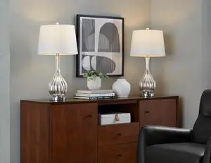 Glass Table Lamp in Silver Crackle Glass and Chrome Metal with White Linen Shade - Set Of 2 Glass Table Lamp in Silver Crackle Glass and Chrome Metal with White Linen Shade - Set Of 2