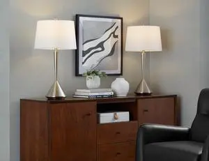 Metal Table Lamp in Brushed Nickel with White Linen Shade - Set Of 2 Metal Table Lamp in Brushed Nickel with White Linen Shade - Set Of 2