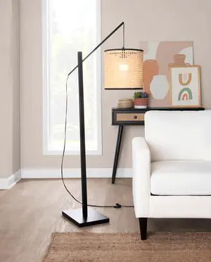 Arturo Contemporary Floor Lamp in Black Wood and Black Steel with Rattan Shade Arturo Contemporary Floor Lamp in Black Wood and Black Steel with Rattan Shade