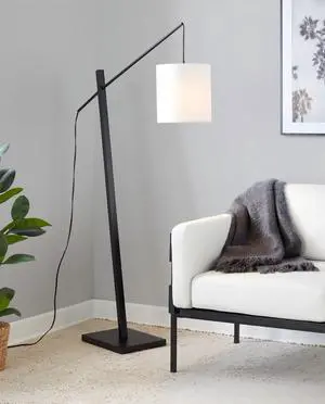 Arturo Contemporary Floor Lamp in Black Wood and Black Steel with White Fabric Shade Arturo Contemporary Floor Lamp in Black Wood and Black Steel with White Fabric Shade