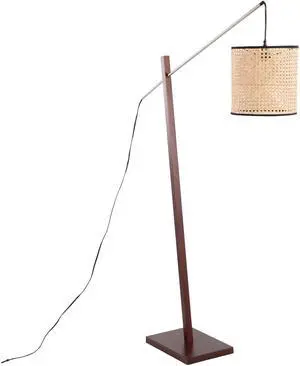 Arturo Contemporary Floor Lamp in Walnut Wood and Satin Nickel with Rattan Shade Arturo Contemporary Floor Lamp in Walnut Wood and Satin Nickel with Rattan Shade