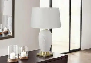 Lighting, 26"H, Table Lamp, White Ceramic, Ivory / Cream Shade, Transitional Lighting, 26"H, Table Lamp, White Ceramic, Ivory / Cream Shade, Transitional