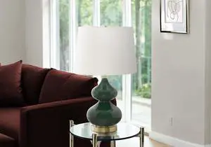 Lighting, 24"H, Green Glass, Ivory / Cream Shade, Contemporary Lighting, 24"H, Green Glass, Ivory / Cream Shade, Contemporary