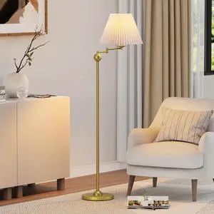 64.25" Modern Mid-Century Floor Lamp for Living Room, Adjustable Swing Arm Floor Lamp, Gold Standing Lamp, Gold Lamp Body with White Pleated Shade, Tall Lamps for Bedroom, Office, Home, Hotel 64.25" Modern Mid-Century Floor Lamp for Living Room, Adjustable Swing Arm Floor Lamp, Gold Standing Lamp, Gold Lamp Body with White Pleated Shade, Tall Lamps for Bedroom, Office, Home, Hotel