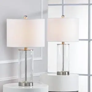 23.25'' Nickel Clear Glass Table Lamps Set Of 2, Modern Bedside Lamp with Clear Bubble Glass Glass Body, 3 Way Dimmable End Table Lamp with White Fabric Shade for Living Room, Bedroom, Office, Study 23.25'' Nickel Clear Glass Table Lamps Set Of 2, Modern Bedside Lamp with Clear Bubble Glass Glass Body, 3 Way Dimmable End Table Lamp with White Fabric Shade for Living Room, Bedroom, Office, Study