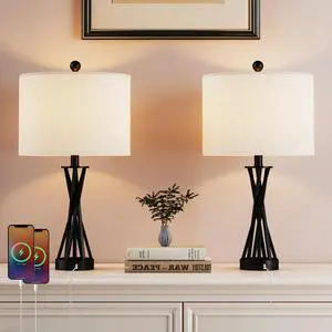 24" Modern Black Metal Table Lamp with Usb Type-C Ports and Linen Shade (Set Of 2) for Bedroom, Office, Living Room 24" Modern Black Metal Table Lamp with Usb Type-C Ports and Linen Shade (Set Of 2) for Bedroom, Office, Living Room