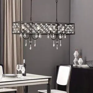 4 Lights Rectangle Crystal Chandelier, Adjustable Raindrop Modern Pendant Lighting, Beaded Shade Ceiling Light Fixtures, E12 Base, for Dining Room, Kitchen Island, Living Room, Black 4 Lights Rectangle Crystal Chandelier, Adjustable Raindrop Modern Pendant Lighting, Beaded Shade Ceiling Light Fixtures, E12 Base, for Dining Room, Kitchen Island, Living Room, Black