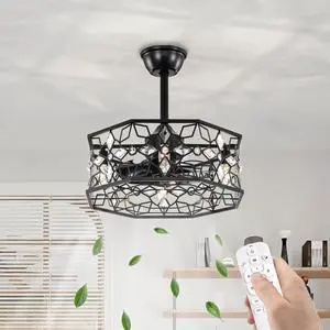 19.3''H Black Caged Ceiling Fan with Light, Crystal Flower Ceiling Fans with Lights and Remote, Modern industrial Fandelier Ceiling Fan for Hallway, Bedroom, Living Room 19.3''H Black Caged Ceiling Fan with Light, Crystal Flower Ceiling Fans with Lights and Remote, Modern industrial Fandelier Ceiling Fan for Hallway, Bedroom, Living Room