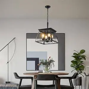 16" Black Gold industrial 4-Light Pendant Chandelier, Modern Metal Cage Design, Adjustable Hanging Light for Dining Room, Kitchen, Living Room (No Bulbs) 16" Black Gold industrial 4-Light Pendant Chandelier, Modern Metal Cage Design, Adjustable Hanging Light for Dining Room, Kitchen, Living Room (No Bulbs)