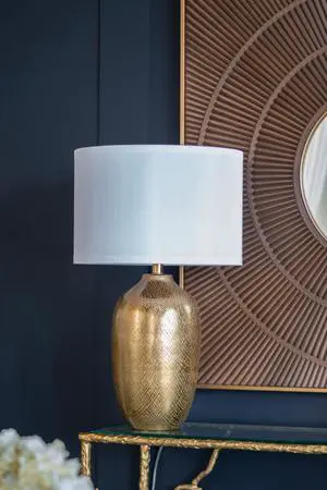 D15x25.7" Round Aluminum Sheet Gold Table Lamp with White Fabric Shade (Lamp Shade Assembly Required) D15x25.7" Round Aluminum Sheet Gold Table Lamp with White Fabric Shade (Lamp Shade Assembly Required)