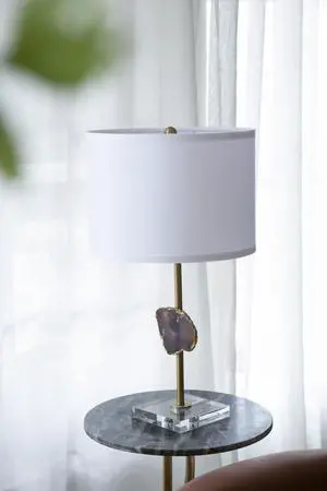 D14x25.2" Gold Table Lamp with Agate Slice and White Drum Shade(Lamp Shade Assembly Required) D14x25.2" Gold Table Lamp with Agate Slice and White Drum Shade(Lamp Shade Assembly Required)