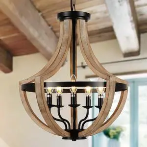 19" Farmhouse Chandelier Light Fixtures, 5-Light Dining Room Light Fixtures Over Table, Solid Wood Modern Chandeliers for Dining Room Living Room Kitchen Island Bedroom Foyer, Height Adjustable, Brown 19" Farmhouse Chandelier Light Fixtures, 5-Light Dining Room Light Fixtures Over Table, Solid Wood Modern Chandeliers for Dining Room Living Room Kitchen Island Bedroom Foyer, Height Adjustable, Brown