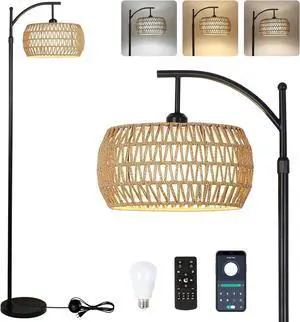 Arc Floor Lamp with Remote Control, Dimmable Led Floor Lamp with 3 Color Temperature, Black Standing Lamp with Rattan & Fabric Double Drum Shade, Boho Farmhouse Tall Pole Lamp for Living Room Bedroom Arc Floor Lamp with Remote Control, Dimmable Led Floor Lamp with 3 Color Temperature, Black Standing Lamp with Rattan & Fabric Double Drum Shade, Boho Farmhouse Tall Pole Lamp for Living Room Bedroom