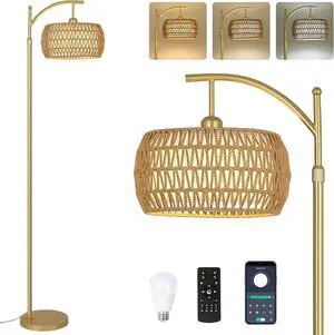 Arc Floor Lamp with 3 Color Temperatures, Led Gold Floor Lamp with Remote & Stepless Dimmable Bulb, Boho Standing Lamp with Rattan & Fabric Shades, Farmhouse Tall Lamp for Living Room Bedroom Arc Floor Lamp with 3 Color Temperatures, Led Gold Floor Lamp with Remote & Stepless Dimmable Bulb, Boho Standing Lamp with Rattan & Fabric Shades, Farmhouse Tall Lamp for Living Room Bedroom