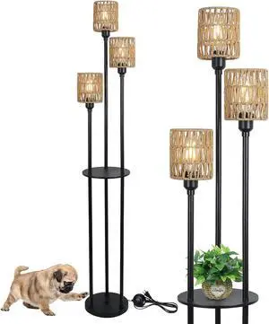 Boho Floor Lamp with Shelves, 3-Lights Farmhouse Tall Floor Lamp with on/Off Foot Switch, Rustic Standing Lamp with Rattan Shades for Living Room Bedroom Office Boho Floor Lamp with Shelves, 3-Lights Farmhouse Tall Floor Lamp with on/Off Foot Switch, Rustic Standing Lamp with Rattan Shades for Living Room Bedroom Office