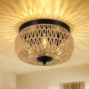 3-Lights Woven Rattan Flush Mount Ceiling Light Fixture with Hand-Worked Cage Shade for Bedroom, Kitchen, Foyer, Porch 3-Lights Woven Rattan Flush Mount Ceiling Light Fixture with Hand-Worked Cage Shade for Bedroom, Kitchen, Foyer, Porch