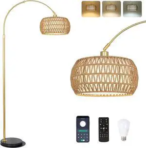 Gold Floor Lamps for Living Room, Arc Floor Lamp with Remote & Dimmable Bulb, Boho Rattan Standing Lamp with 3 Color Temperatures, Height Adjustable Tall Lamp for Bedroom, Over Couch Reading Lamp Gold Floor Lamps for Living Room, Arc Floor Lamp with Remote & Dimmable Bulb, Boho Rattan Standing Lamp with 3 Color Temperatures, Height Adjustable Tall Lamp for Bedroom, Over Couch Reading Lamp