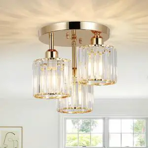 Modern Semi Flush Mount Ceiling Light,3-Light Crystal Close to Ceiling Light Fixtures,Golden Kitchen Light Fixtures with Clear Crystal Shade,Hallway Light Fixtures for Hallway Bedroom Bathroom Modern Semi Flush Mount Ceiling Light,3-Light Crystal Close to Ceiling Light Fixtures,Golden Kitchen Light Fixtures with Clear Crystal Shade,Hallway Light Fixtures for Hallway Bedroom Bathroom