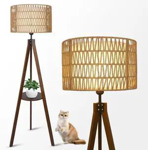 Boho Tripod Floor Lamp with Shelves, Mid Century Wood Standing Lamp with Rattan & Fabric Shades, on/Off Foot Switch, Modern Farmhouse Tall Floor Lamps for Living Room Bedroom Office Boho Tripod Floor Lamp with Shelves, Mid Century Wood Standing Lamp with Rattan & Fabric Shades, on/Off Foot Switch, Modern Farmhouse Tall Floor Lamps for Living Room Bedroom Office