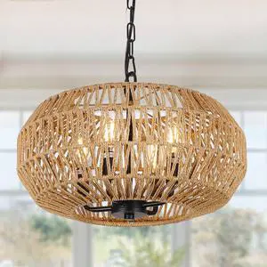 Farmhouse Rattan Pendant Lights, 15.7" 4-Light Boho Chandelier Light Fixture, Wicker Hand Woven Basket Pendant Hanging for Dining Room Living Room Kitchen Island Bedroom Foyer, Height Adjustable Farmhouse Rattan Pendant Lights, 15.7" 4-Light Boho Chandelier Light Fixture, Wicker Hand Woven Basket Pendant Hanging for Dining Room Living Room Kitchen Island Bedroom Foyer, Height Adjustable