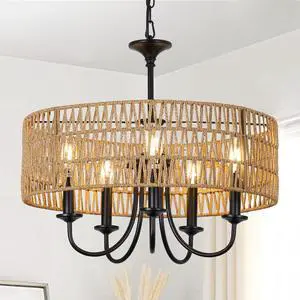 Modern Farmhouse Chandelier Light Fixtures, 5-Lights Large Rattan Pendant Lighting with Hand Woven Wicker Shade, Boho Black Chandeliers for Dining Room Living Room Kitchen Island Bedroom Modern Farmhouse Chandelier Light Fixtures, 5-Lights Large Rattan Pendant Lighting with Hand Woven Wicker Shade, Boho Black Chandeliers for Dining Room Living Room Kitchen Island Bedroom