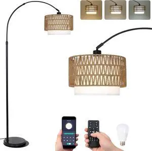 Arc Floor Lamp with Remote, Modern Led Floor Lamp with Dimmable Bulb, Boho Farmhouse Standing Lamp with Fabric & Rattan Lampshades, Height Adjustable Black Tall Lamp for Living Room Bedroom Arc Floor Lamp with Remote, Modern Led Floor Lamp with Dimmable Bulb, Boho Farmhouse Standing Lamp with Fabric & Rattan Lampshades, Height Adjustable Black Tall Lamp for Living Room Bedroom