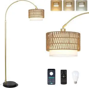 Arc Floor Lamp for Bedroom with Rattan & Linen Shades, Gold Floor Lamp with Remote & Dimming Bulb, Rustic Standing Lamp with 3 Color Temperatures, Adjustable Height Farmhouse Tall Lamp for Living Room Arc Floor Lamp for Bedroom with Rattan & Linen Shades, Gold Floor Lamp with Remote & Dimming Bulb, Rustic Standing Lamp with 3 Color Temperatures, Adjustable Height Farmhouse Tall Lamp for Living Room