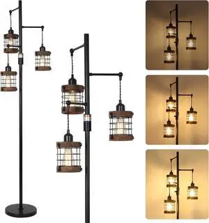 Airposta Dimmable Floor Lamps for Living Room, 3-Light industrial Floor Lamp with Wood & Metal Cage Airposta Dimmable Floor Lamps for Living Room, 3-Light industrial Floor Lamp with Wood & Metal Cage
