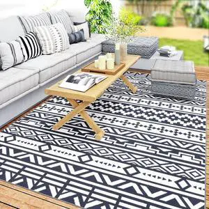 Outdoor Patio Rug, Large Camping Carpet with Carrying Bag, 6' x 9' Waterproof Plastic Straw, Reversible, Blue & White Geometric Outdoor Patio Rug, Large Camping Carpet with Carrying Bag, 6' x 9' Waterproof Plastic Straw, Reversible, Blue & White Geometric