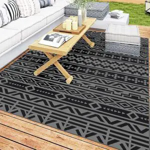 Outdoor Patio Rug, Large Camping Carpet with Carrying Bag, 6' x 9' Waterproof Plastic Straw, Reversible, Black & Gray Geometric Wall Outdoor Patio Rug, Large Camping Carpet with Carrying Bag, 6' x 9' Waterproof Plastic Straw, Reversible, Black & Gray Geometric Wall