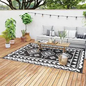 Outdoor Patio Rug, Large Camping Carpet with Carrying Bag, 8' x 10' Waterproof Plastic Straw, Reversible, Black & White Rhombus Patchwork Outdoor Patio Rug, Large Camping Carpet with Carrying Bag, 8' x 10' Waterproof Plastic Straw, Reversible, Black & White Rhombus Patchwork