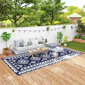 Outdoor Patio Rug, Large Camping Carpet with Carrying Bag, 9' x 18' Waterproof Plastic Straw, Reversible, Blue & White Rhombus Patchwork Outdoor Patio Rug, Large Camping Carpet with Carrying Bag, 9' x 18' Waterproof Plastic Straw, Reversible, Blue & White Rhombus Patchwork