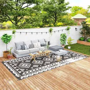 Outdoor Patio Rug, Large Camping Carpet with Carrying Bag, 9' x 18' Waterproof Plastic Straw, Reversible, Black & White Rhombus Patchwork Outdoor Patio Rug, Large Camping Carpet with Carrying Bag, 9' x 18' Waterproof Plastic Straw, Reversible, Black & White Rhombus Patchwork