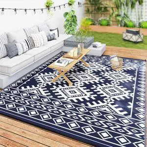 Outdoor Patio Rug, Large Camping Carpet with Carrying Bag, 9' x 12' Waterproof Plastic Straw, Reversible, Blue & White Rhombus Border Outdoor Patio Rug, Large Camping Carpet with Carrying Bag, 9' x 12' Waterproof Plastic Straw, Reversible, Blue & White Rhombus Border