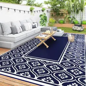 Outdoor Patio Rug, Large Camping Carpet with Carrying Bag, 9' x 18' Waterproof Plastic Straw, Reversible, Blue & White Gourd Border Outdoor Patio Rug, Large Camping Carpet with Carrying Bag, 9' x 18' Waterproof Plastic Straw, Reversible, Blue & White Gourd Border