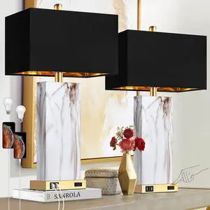 touch Control Table Lamps Set Of 2, Modern Contemporary Bedside Lamp with 2 Usb Ports 1 Ac Outlet, 3-Way Dimmable Nightstand Lamp Faux Marble Gold Black Rectangular Shade for Living Room Bedroom touch Control Table Lamps Set Of 2, Modern Contemporary Bedside Lamp with 2 Usb Ports 1 Ac Outlet, 3-Way Dimmable Nightstand Lamp Faux Marble Gold Black Rectangular Shade for Living Room Bedroom