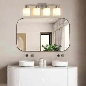 Modern 4-Light Bathroom Fixture with Nickel Finish and Milky White Glass Shade, Wall Sconces Lighting for Bathrooms, Bedrooms and Hallways (No Bulbs) Modern 4-Light Bathroom Fixture with Nickel Finish and Milky White Glass Shade, Wall Sconces Lighting for Bathrooms, Bedrooms and Hallways (No Bulbs)