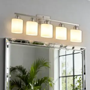 Modern 5-Light Bathroom Fixture with Nickel Finish and Milky White Glass Shade, Wall Sconces Lighting for Bathrooms, Bedrooms and Hallways (No Bulbs) Modern 5-Light Bathroom Fixture with Nickel Finish and Milky White Glass Shade, Wall Sconces Lighting for Bathrooms, Bedrooms and Hallways (No Bulbs)