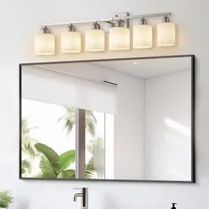 Modern 6-Light Bathroom Fixture with Nickel Finish and Milky White Glass Shade, Wall Sconces Lighting for Bathrooms, Bedrooms and Hallways (No Bulbs) Modern 6-Light Bathroom Fixture with Nickel Finish and Milky White Glass Shade, Wall Sconces Lighting for Bathrooms, Bedrooms and Hallways (No Bulbs)