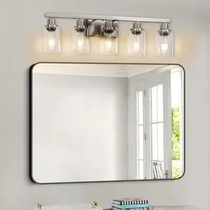 Modern 5-Light Bathroom Vanity Light Fixture - Brushed Nickel Finish with Clear Glass Shades, Light Fixture Bathroom Over Mirror Wall Lights for Kitchen Dinning Room Bedroom Hallway (No Bulbs) Modern 5-Light Bathroom Vanity Light Fixture - Brushed Nickel Finish with Clear Glass Shades, Light Fixture Bathroom Over Mirror Wall Lights for Kitchen Dinning Room Bedroom Hallway (No Bulbs)